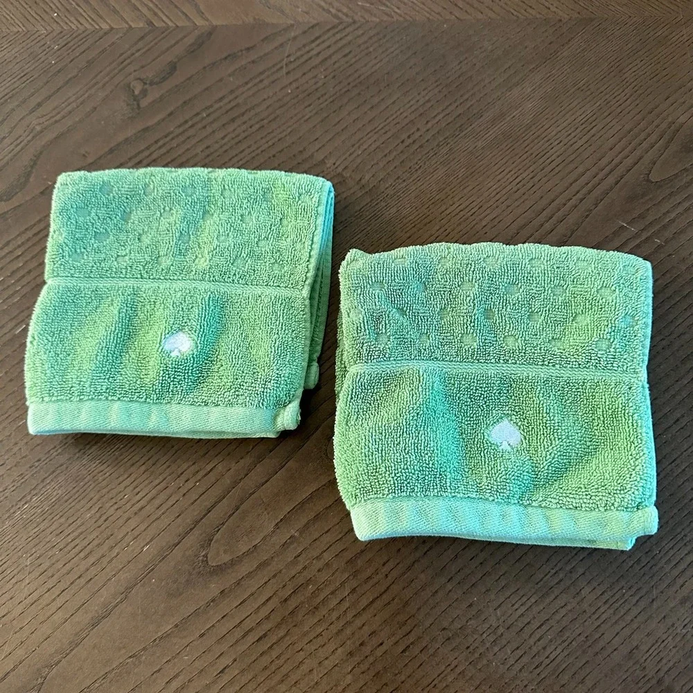 Kate‎ Spade 2 Pcs Bath Washcloths Green Dot Textured 12'' 100% Cotton Logo
